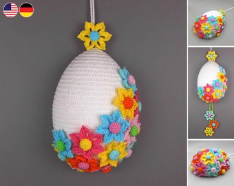 Crochet pattern Easter egg with flowers, hanging decoration instead of door wreath, Easter decor easy from leftover yarn