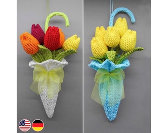 Instructions au crochet décoration florale tulipes dans un parapluie, décoration de porte au lieu d'une couronne de porte, décoration au crochet simplement à partir de restes de laine, en utilisant une écriture au crochet