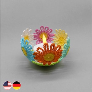 Crochet pattern flowers tea light holder, home decoration, crocheting from leftover yarn , with crochet chart, photo tutorial, for beginners
