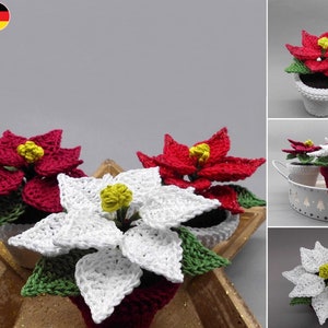 以下が含まれることがあります： 鉢植えの編みぐるみポインセチアが3つ。1つは白、2つは赤。植物は金色の星型の台の上に置かれています。