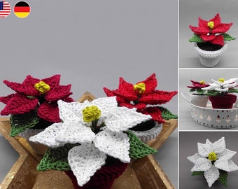 Crochet pattern Christmas Poinsettia in a pot - easy from scraps of yarn
