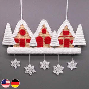 Haakpatroon voor een winterdorpdeur- en wanddecoratie, haken van overgebleven wol, kerstdorpdeurdecoratie, met haakpatronen, deurkrans