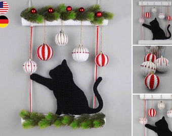 Crochet pattern cat Christmas door decoration with Christmas baubles - easy from scraps of yarn