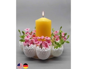 Istruzioni per l'uncinetto Ghirlanda pasquale con fiori di ciliegio in amigurumi Uova di Pasqua, decorazione da tavolo semplicemente all'uncinetto con la lana avanzata, adatta anche per principianti