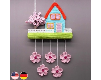 Crochet pattern Cherry blossom Spring decoration instead of door wreath, easy to crocheting from yarn leftovers, also for beginners