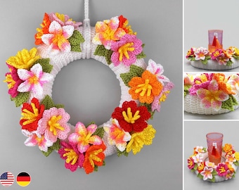 Crochet pattern flower wreath for doors & walls - easy from scraps of yarn