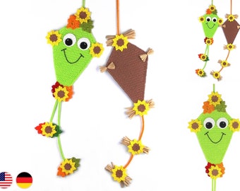 Crochet pattern door decoration kite with sunflowers - easy from scraps of yarn