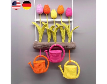 Crochet pattern flowers decoration tulips & watering cans, decor for spring and summer instead of door wreath, crocheting from leftover yarn