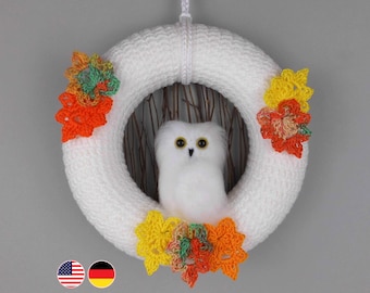 Crochet pattern door wreath Amigurumi owl, easy to crochet from yarn leftovers, also for beginners, fall winter decoration for doors & walls