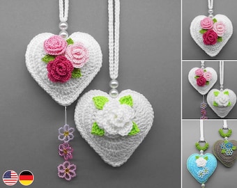 Crochet pattern heart hanging decoration in 2 versions - easy from scraps of yarn