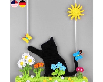 Crochet pattern cat in the meadow, decoration for door & wall wreath, crocheting from leftover yarn, for beginners, charts, hanging decor