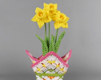 Crochet daffodils in a pot spring decor pattern, easy crocheting also for beginners, Easter decor