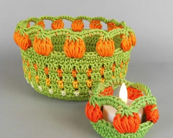 Crochet pattern fall decor set: crochet pumpkin basket and tealight holder, easy, for beginners