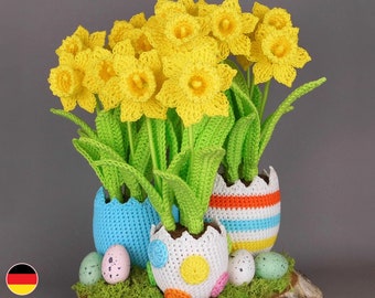 Crochet pattern Easter decoration with Easter eggs and daffodils, spring decor easy crocheting also for beginners, gift for Mother's Day