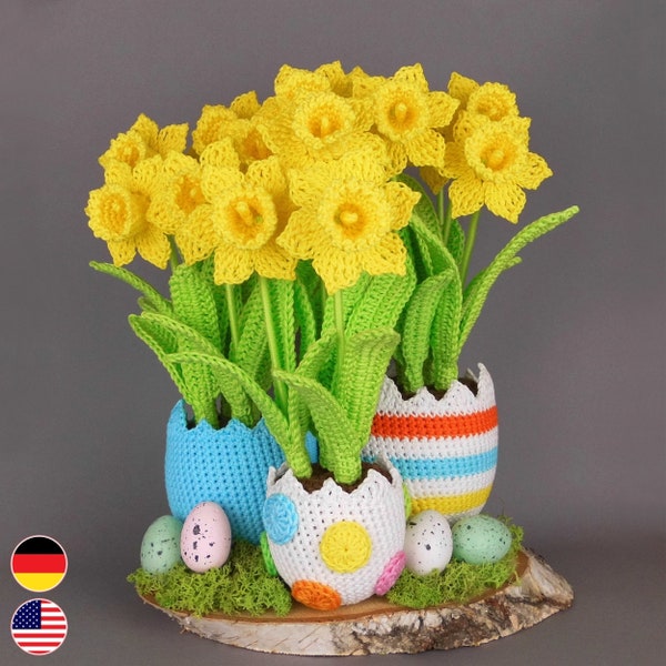 Crochet pattern Easter decoration with Easter eggs and daffodils, spring decor easy crocheting also for beginners, gift for Mother's Day