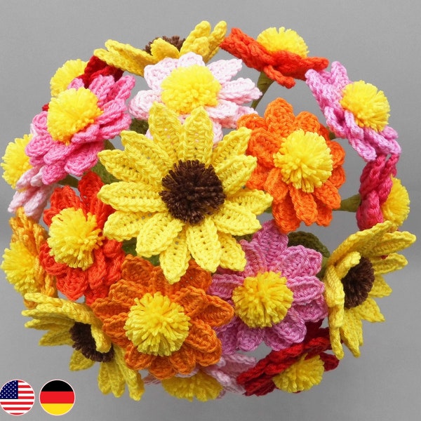 Crochet pattern flower bouquet, with large sunflowers, easy & versatile, from scraps of yarn, large bouquet of flowers, also for beginners