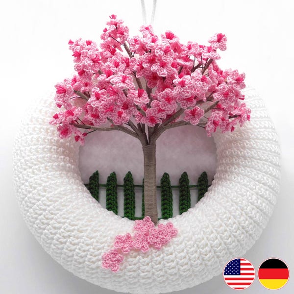 Patrón de crochet para una corona de puerta con flores de cerezo: fácil de usar con hilo sobrante.