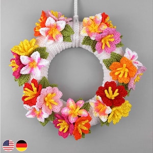 Guirlanda de porta com padrão de crochê e flores coloridas, guirlanda de flores para porta e mesa, decoração de flores de crochê com retalhos de lã, adequada para iniciantes, gráfico de crochê