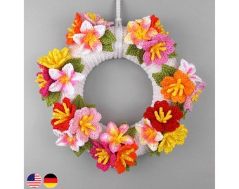 Crochet pattern door wreath with colorful flowers, flower decor for door & table, from scraps of yarn, also for beginners, with charts