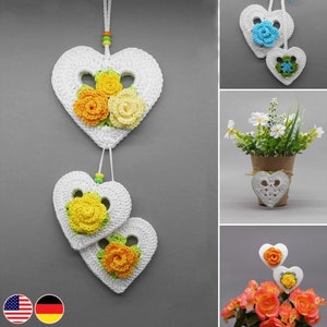 Crochet pattern heart hanging decor and flower stakes, 4-in-1 decoration, easy crocheting from leftover yarn, for birthday & mother&#39;s day