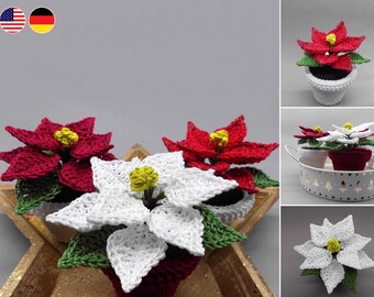 Crochet pattern Christmas Poinsettia in a pot - easy from scraps of yarn