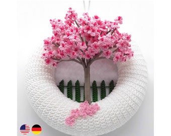 Crochet pattern door wreath cherry blossoms tree, spring decoration, easy from scraps of yarn, suitable for beginners, photo tutorial