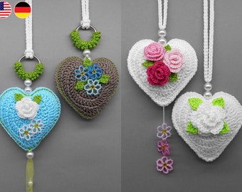 Crochet pattern heart hanging decoration in 2 versions - easy from scraps of yarn