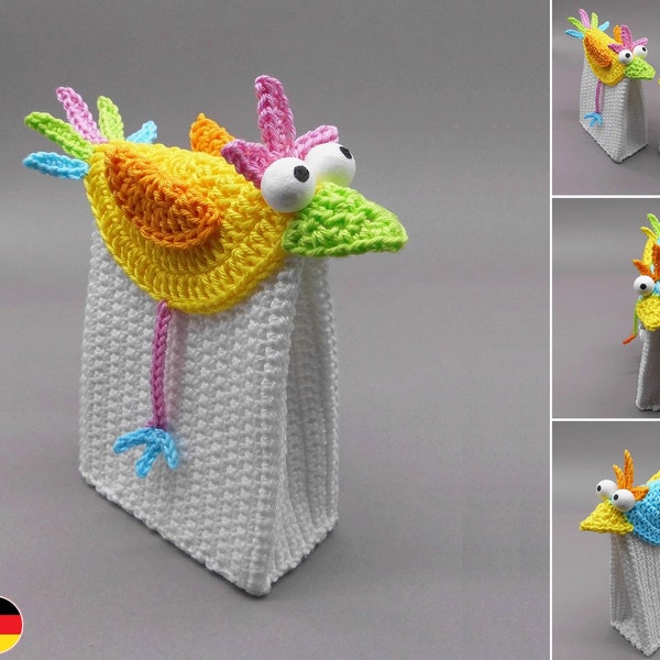 Crochet pattern gift bag with colorful funny bird - easy from scraps of yarn