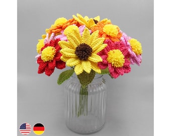 Crochet pattern flower bouquet, with large sunflowers, easy & versatile, from scraps of yarn, large bouquet of flowers, also for beginners