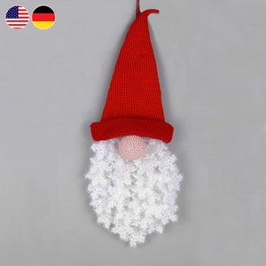 Crochet pattern Christmas winter gnome door decoration with snowflakes beard, from scraps of yarn, also for beginners, optional illuminated