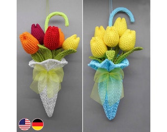 Crochet pattern flowers decoration tulips in umbrella, hanging decor instead of a door wreath, scraps of yarn, easy crocheting, with charts