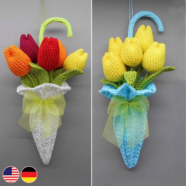 Crochet pattern flowers decoration tulips in umbrella, hanging decor instead of a door wreath, scraps of yarn, easy crocheting, with charts