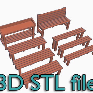Puede incluir: Una colección de bancos de madera y una estantería renderizados digitalmente, en varios tamaños y estilos. Los bancos son marrones con un diseño de listones. El texto "3D STL file" se muestra en turquesa.