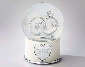 Mr. and Mrs. Wedding Ring Engraved Snow Globe, Personalized Snow Globe, Christmas Decor, Wedding Favors, Newlywed Housewarming Gifts