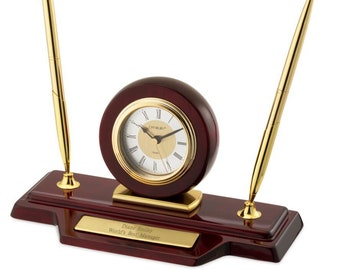 Engraved Mahogany Finish Clock and Pen Stand for the Executive, Personalized Keepsake, Office Gift, Professional Gift, Gift for Boss