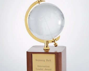 Engraved Recognition Crystal and Gold Globe Award, Personalized Keepsake, Employee Award, Work Award, Office Award, Desk Globe