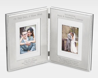 Marco de fotos doble con cuentas de plata grabadas para bodas, marco de fotos personalizado, regalos de boda, regalos para bodas, regalos para recién casados