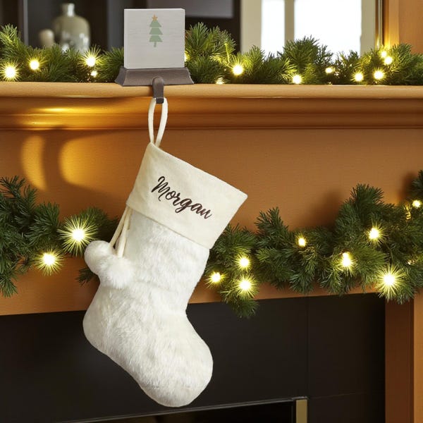 Embroidered Faux Fur Ivory Christmas Stockings, Fancy Stockings, Christmas Stockings, Family Gifts, Family Stocking, Holiday Gifts