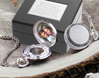 Engraved Silver Photo Pocket Watch and Box, Fathers Day Gifts, Son Gift, Gift for Dad, Men's Accessories, Birthday Gifts, Special gifts
