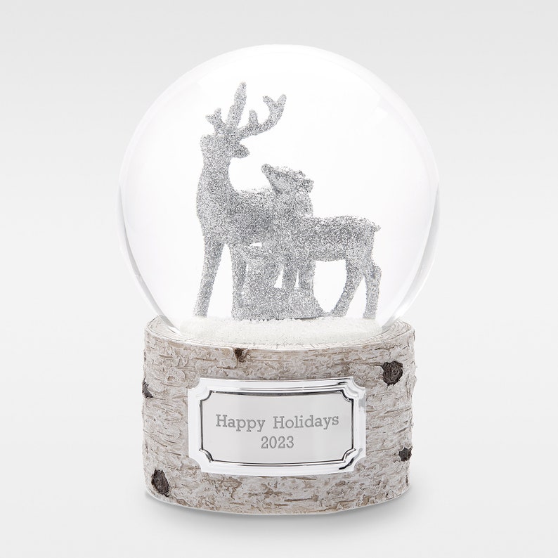 Engraved Silver Glittering Deer Snow Globe, Christmas Snow Globe