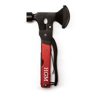 May include: A red multi-tool with a black hammer and axe head. The tool has a variety of functions, including a knife, a saw, and a screwdriver. The tool is branded with the letters "HGM".