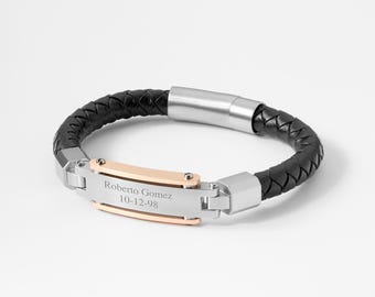 Pulsera de cuero tejida personalizada para hombre, pulsera personalizada para hombre, pulsera de acero inoxidable personalizada para hombre, pulsera con nombre personalizado