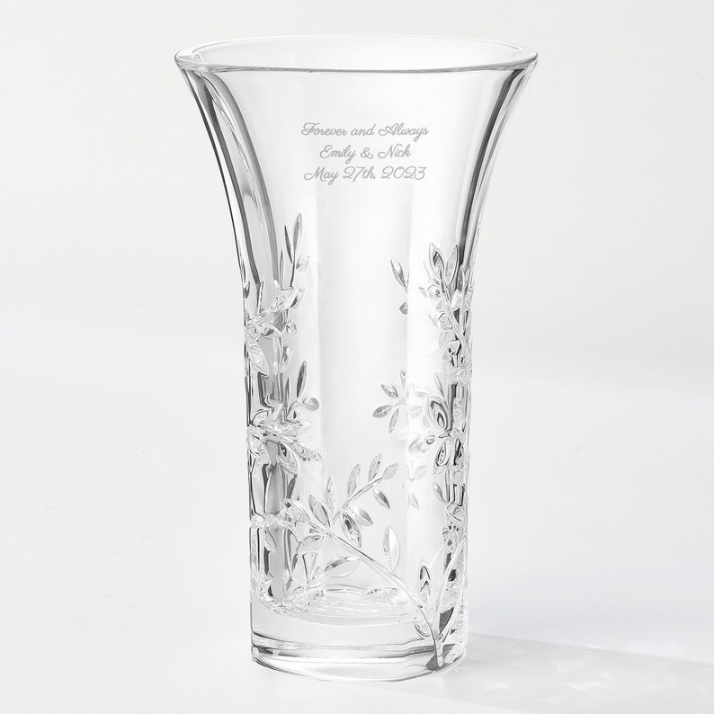 Vera Wang Wedding Engraved Crystal Leaf Vase, Newlywed Couple Gift, Personalized Wedding Gift, Wedding Flower Vase, Crystal Vase image 1