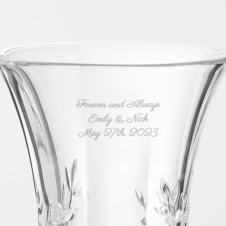 Vera Wang Wedding Engraved Crystal Leaf Vase, Newlywed Couple Gift, Personalized Wedding Gift, Wedding Flower Vase, Crystal Vase image 2