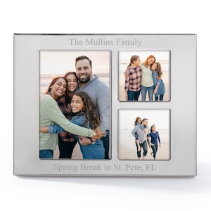 May include: Silver photo frame with a collage of four photos of a family on a beach. The frame has the text "The Mullins Family" and "Spring Break in St. Pete, FL" engraved on it.