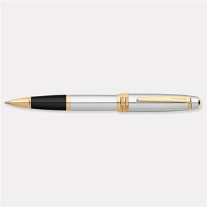 May include: A silver and gold Cross pen with a black ink cartridge. The pen has a gold band around the barrel and a gold clip.