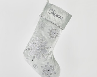Embroidered Sage Green & Silver Jeweled Snowflake Stocking, Fancy Stockings, Christmas Stockings, Family Gifts, Family Stockings