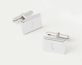 Gemelos rectangulares de plata esterlina grabados / Regalo personalizado para camisa de vestir con iniciales para él / Recuerdo personalizado para padrinos de boda