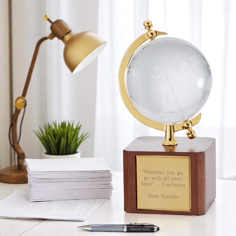 Engraved Crystal Globe – Custom Desk Keepsake – Personalized Graduation Gift – Retirement Award – Office Decor for Him image 9