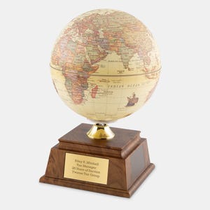 Personalized Spinning Solar Globe Gift | Vintage Neutral Rotating Desk Globe | Custom Nameplate Graduation or Retirement Keepsake